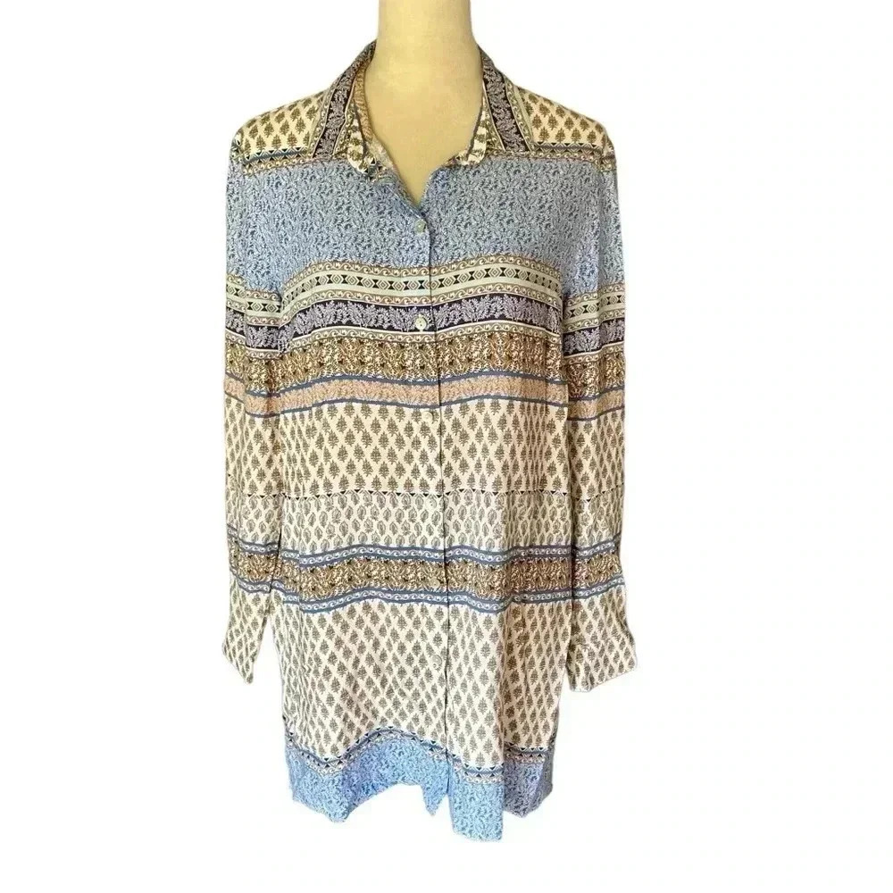 J. Jill Button Down Mixed Print Slit Sides Lightweight Tunic Top Women Size S